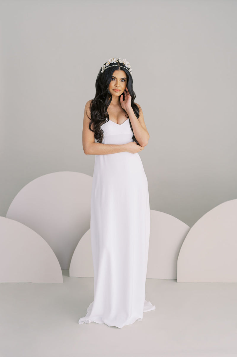 Simple, Aline crepe wedding dress. Off the rack sample sale. Made in Toronto, Canada.