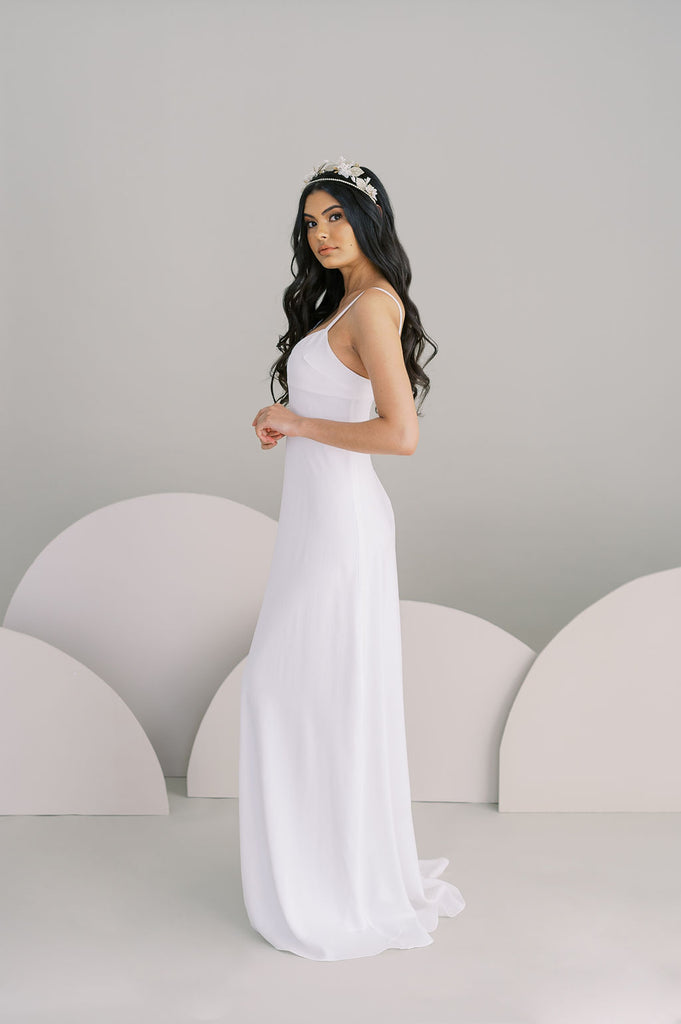 Simple empire line crepe wedding dress by Catherine Langlois. Handmade in Canada.
