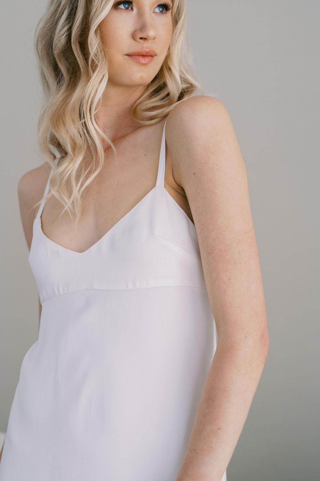 Short empire line eco crepe wedding dress. From the WildHoney seperates collection by Catherine Langlois, Canada.