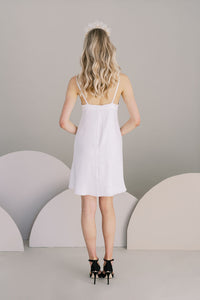 Short empire line eco crepe wedding dress. From the WildHoney collection by Catherine Langlois, Canada.