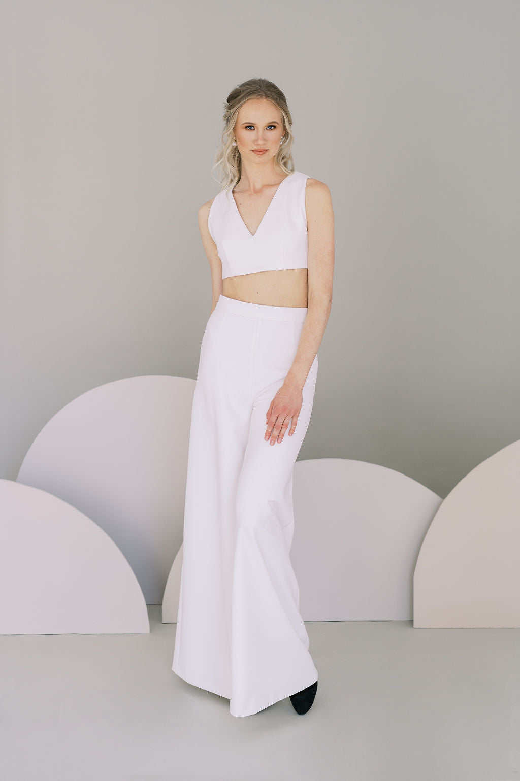 Wedding crop top in stretch crepe. Custom made by Catherine Langlois, Canada.