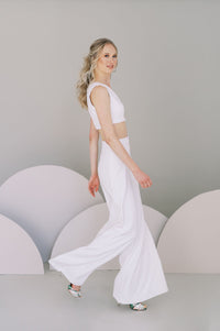 Wedding crop top in stretch crepe. Shown with palazzo pants. Custom made by Catherine Langlois, Toronto, Canada.