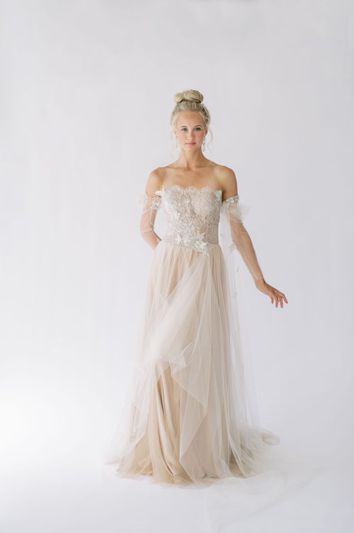 Timeless and romantic, whimsical blush silk and tulle wedding dress. By Catherine Langlois, Canada