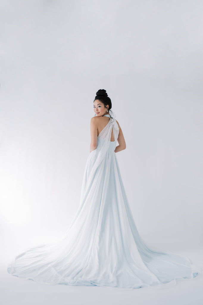 Sky blue chiffon halter neck wedding dress. Designed by Catherine Langlois, Canada.