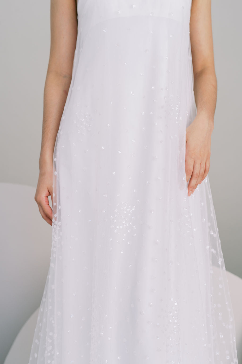 Bridal but make it fashion! Sheer sparkly tulle overdress, worn over a crepe slip. By Catherine Langlois, Toronto, Canada.