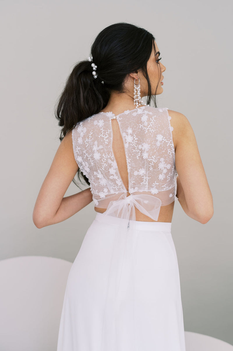 Chic whimsical bridal topper. Lace at back, crepe front. By Catherine Langlois, Toronto.