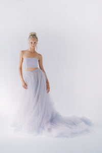 Ultimate whimsical romantic wedding dress. Lavender tulle, ruffled skirt. Three piece dress, overskirt, crop top.By Catherine Langlois, Toronto