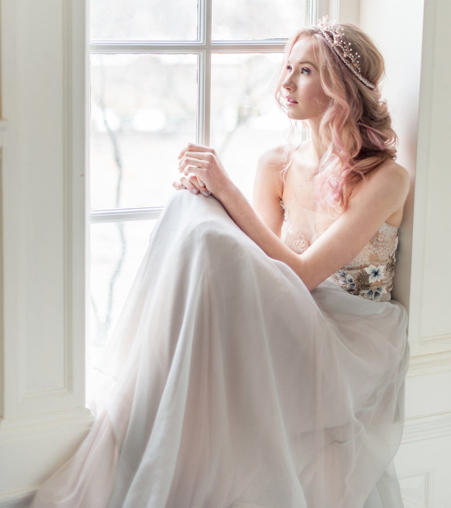 Aurora, a faerie queen wedding dress in grey and blush. Hand made  to order by Catherine Langlois in Toronto, Ontario, Canada.